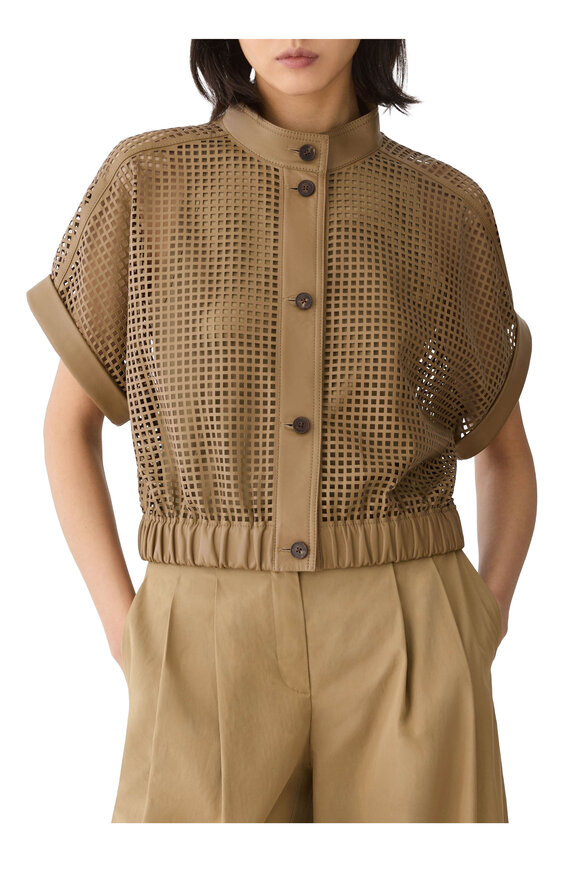 Lafayette 148 New York Laser Cut Grid Green Clay Nappa Leather Jacket - view 2