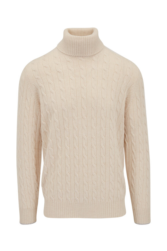 Brunello Cucinelli - Champagne Cashmere Cable Knit Turtleneck Sweater 