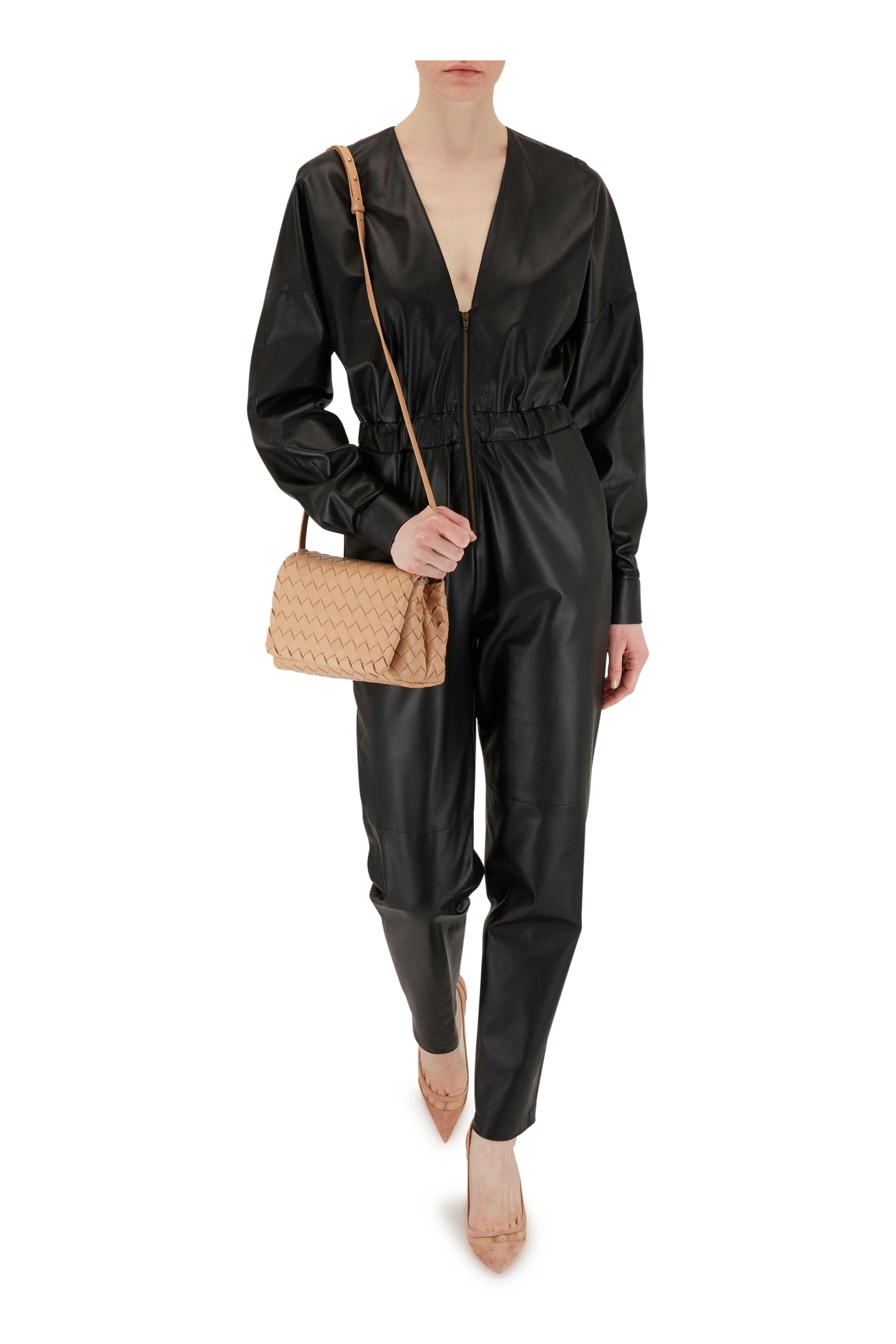 Zeynep Arcay - Black Leather Front Zip Jumpsuit