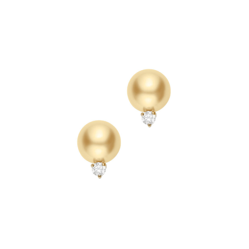 Mikimoto - Yellow Gold Golden Pearl Diamond Stud Earrings