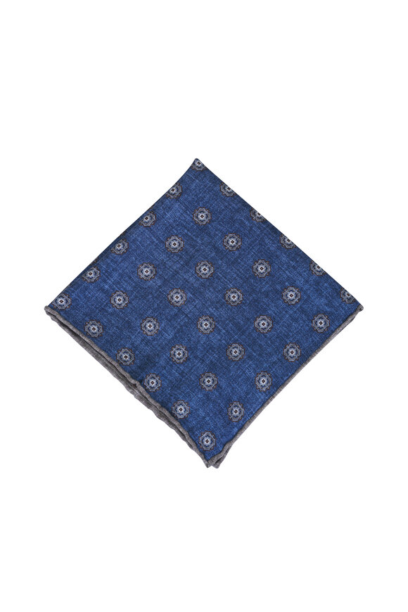 Brunello Cucinelli Blue & Gray Double Sided Silk Pocket Square - view 2