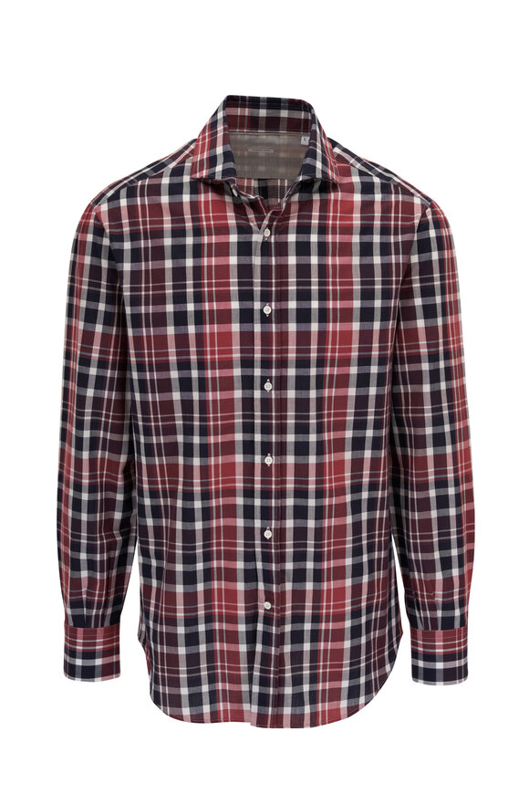 Brunello Cucinelli - Navy & Rust Plaid Cotton Sport Shirt