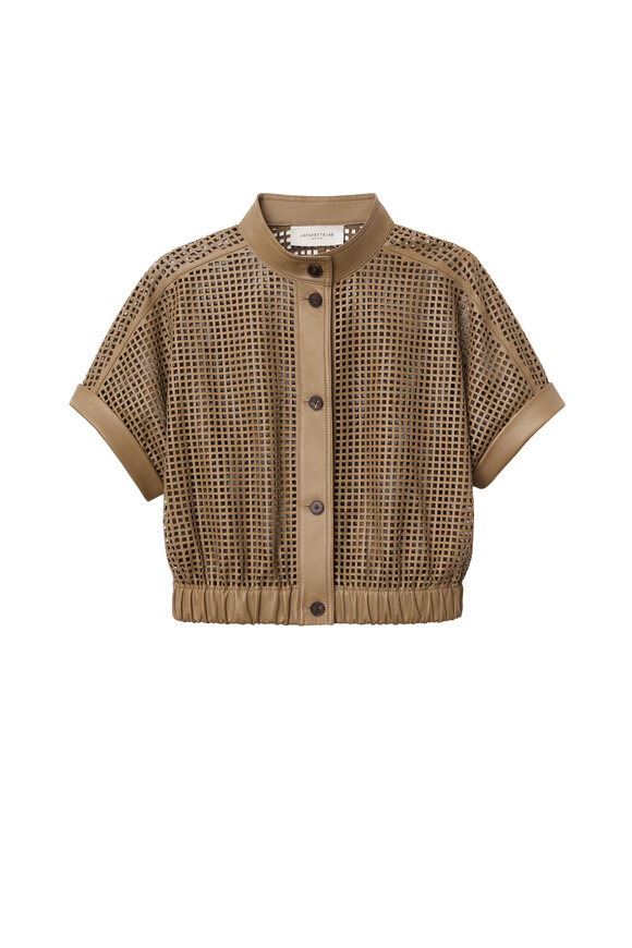 Lafayette 148 New York Laser Cut Grid Green Clay Nappa Leather Jacket - view 1