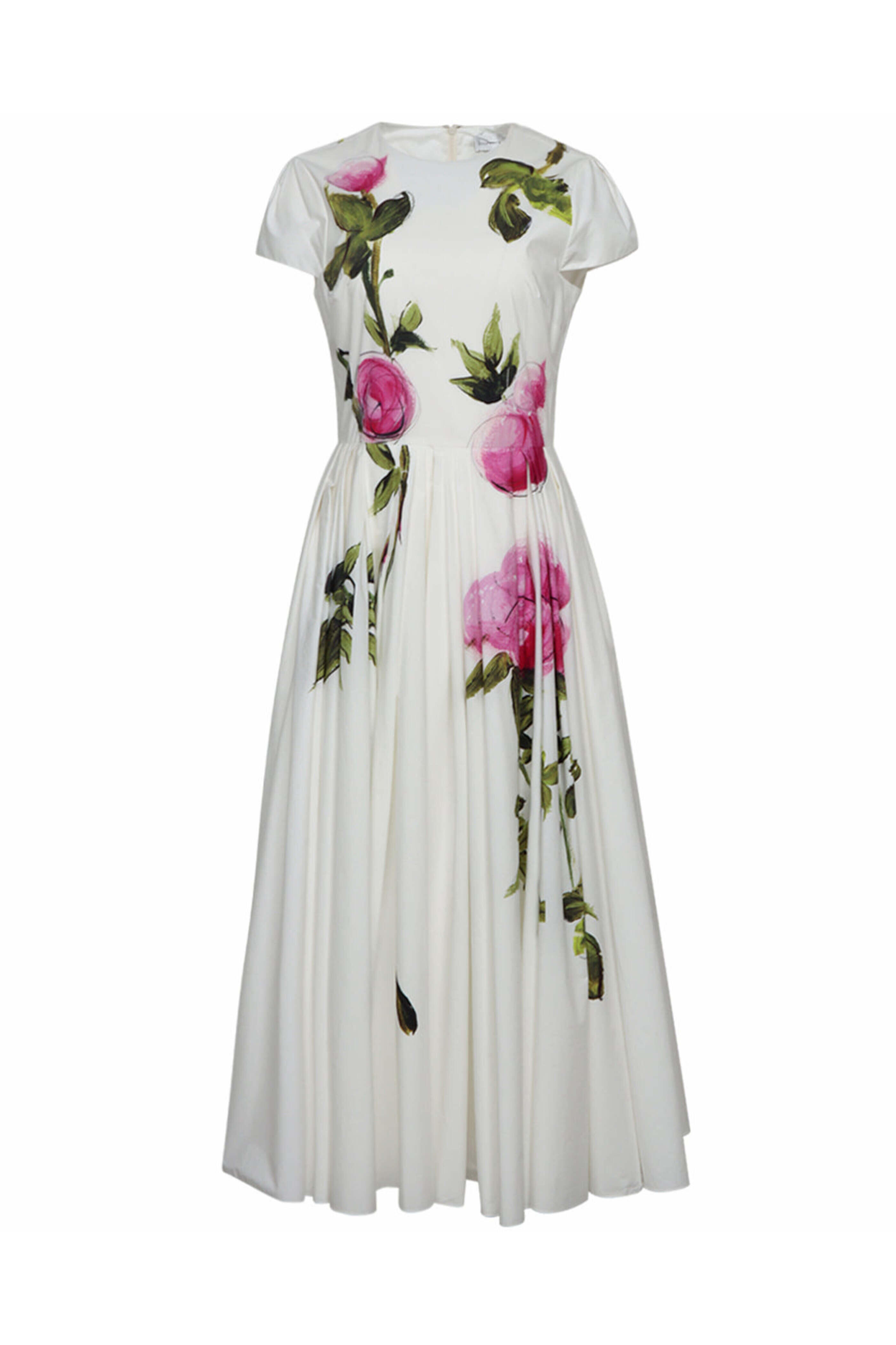 Oscar de la Renta - White and Pink Rose Pleated Midi Dress