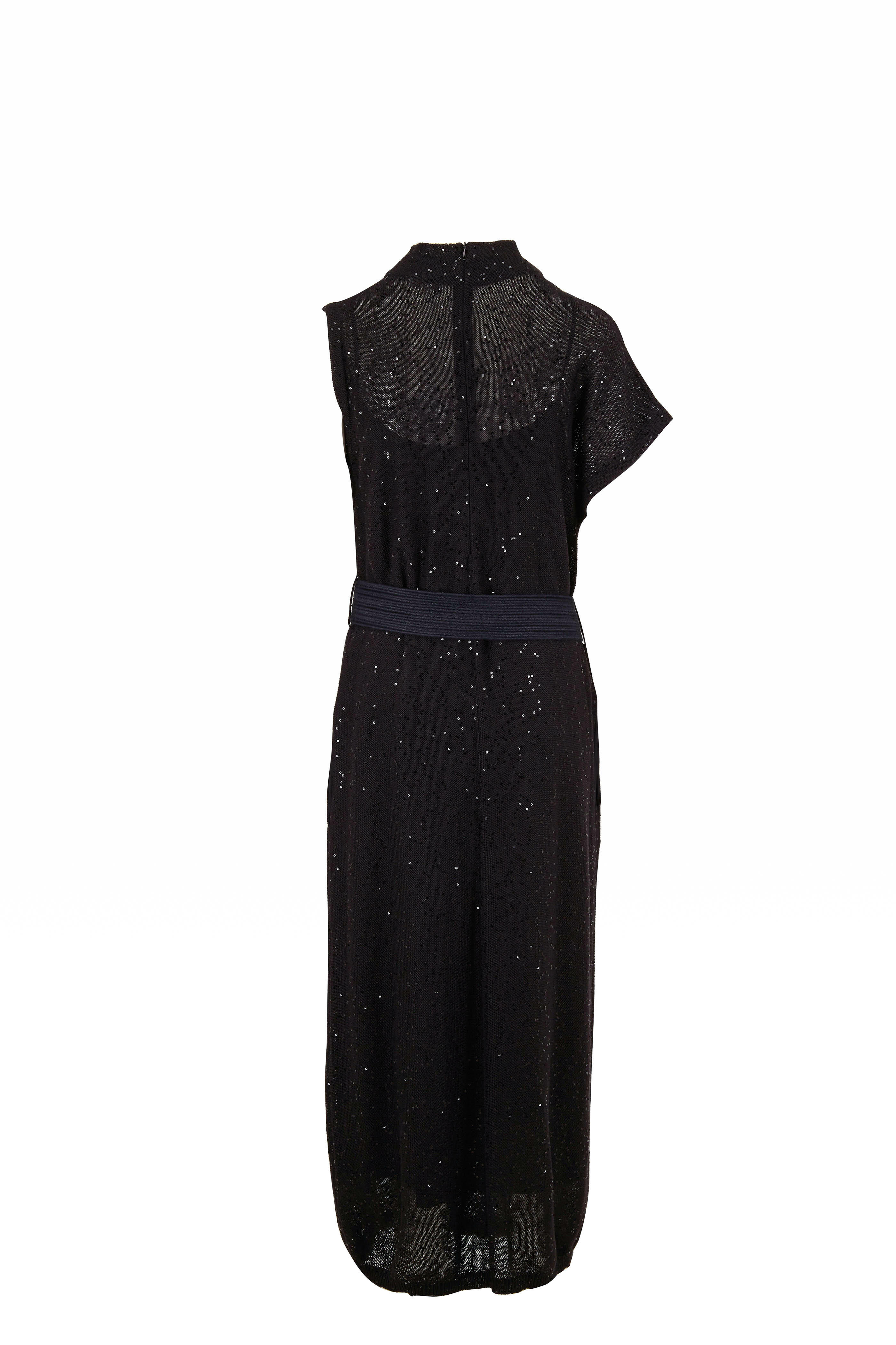 Brunello Cucinelli - Black Linen & Silk Paillette Mockneck Belted Dress