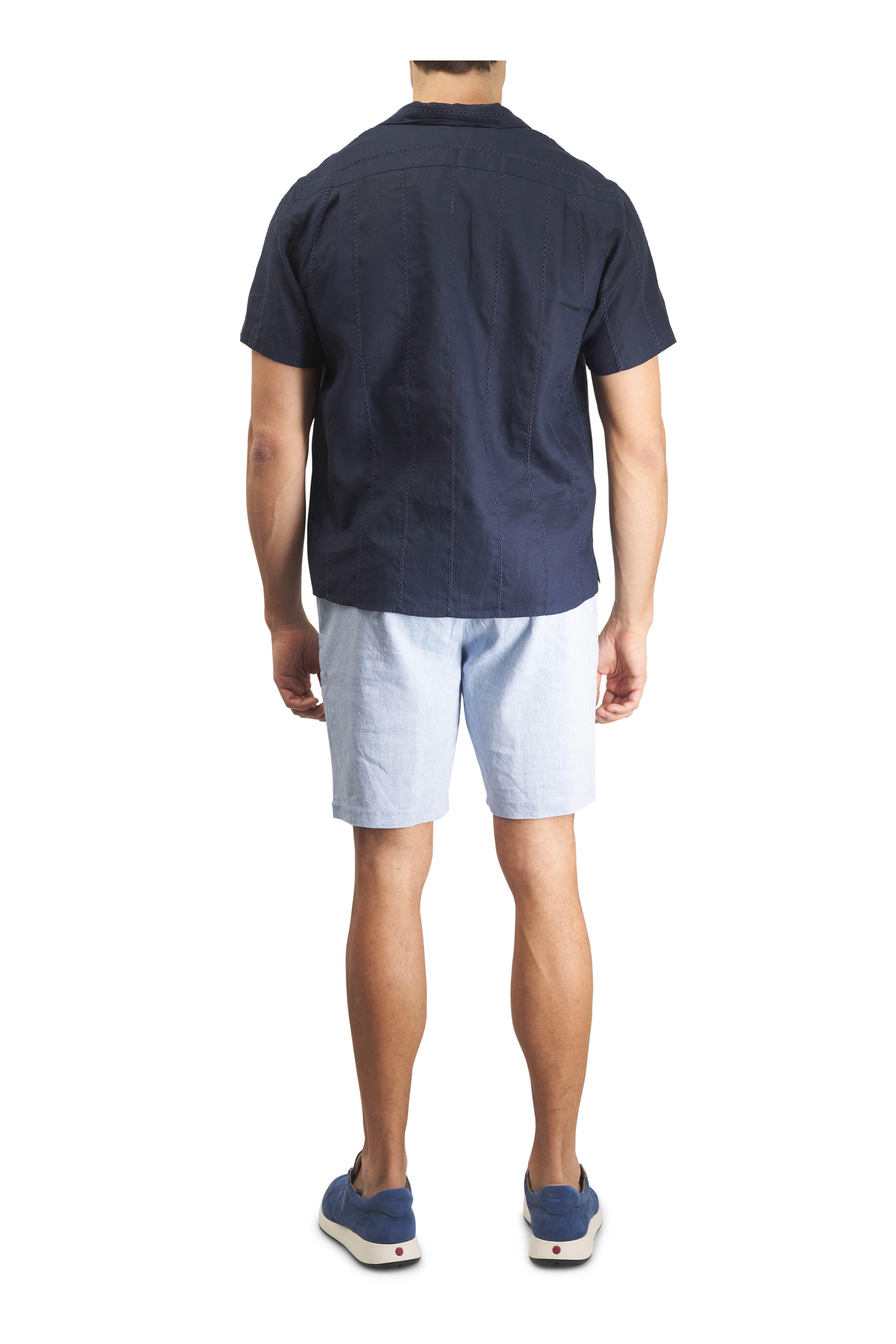 Vince - Coastal Blue Eyelet Stripe Linen Cabana Shirt