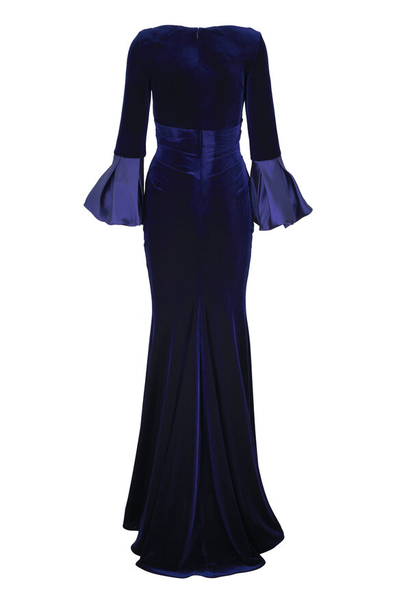 Talbot Runhof Moonlight Blue Velvet Trumpet Sleeve Gown - view 3