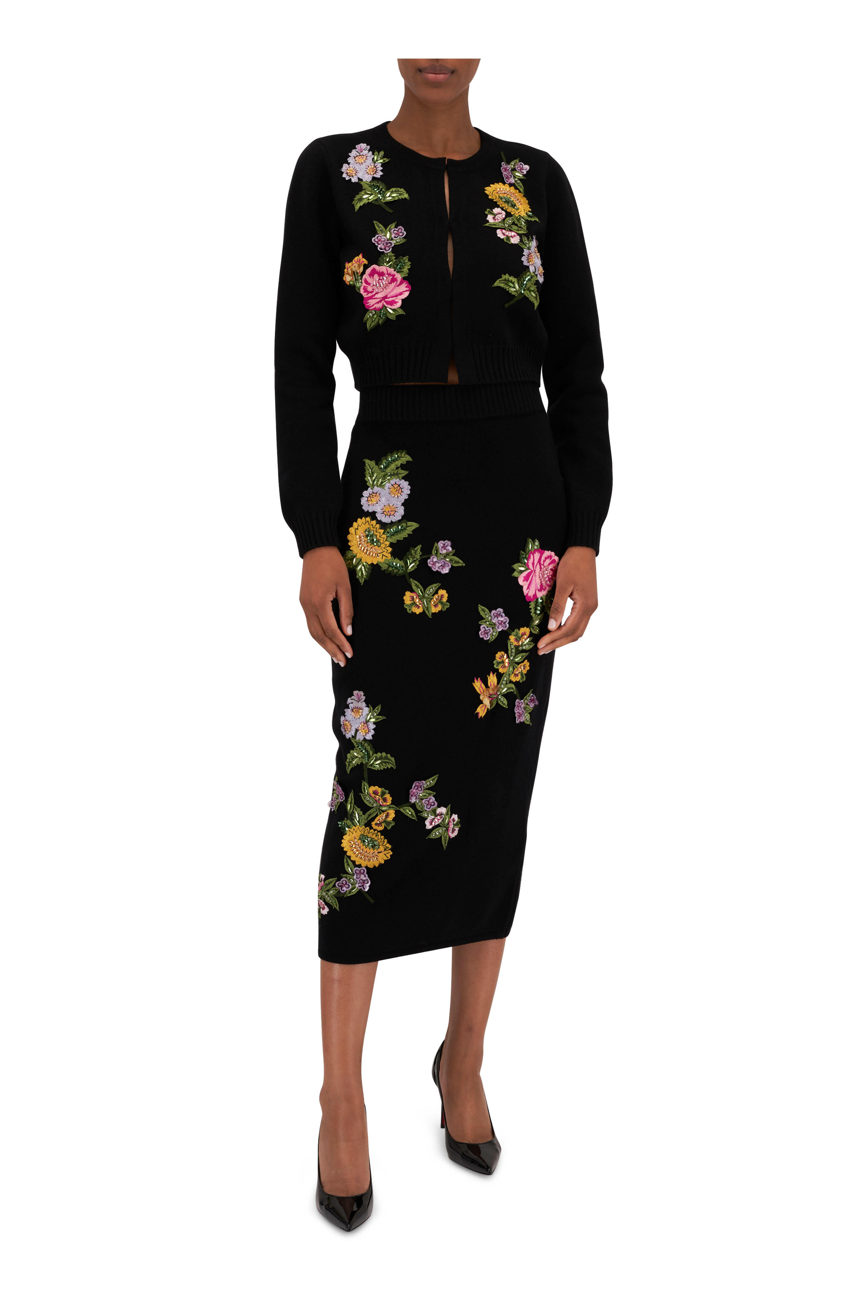【Carolina Herrera】フローラルジャカード pencilスカート Carolina Herrera - Black Multi Floral Embroidered Pencil