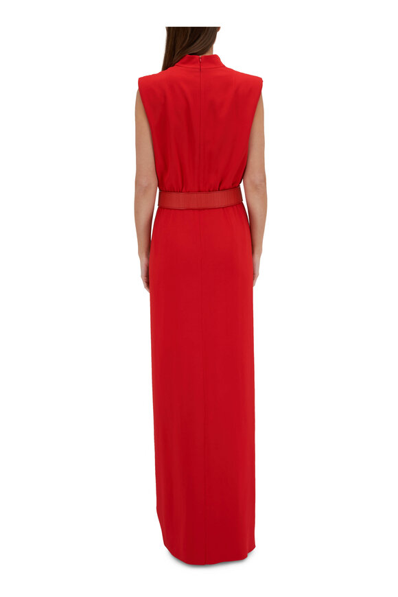 Akris - Red Belted Crepe Ruffle Front Gown