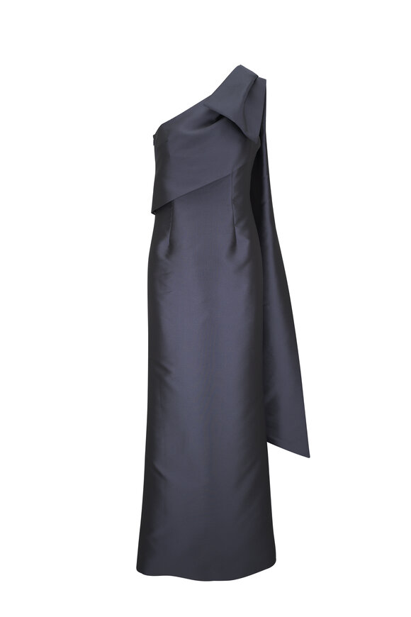 Olivine Gabbro - Charcoal Gray Ribbon One-Shoulder Evening Gown