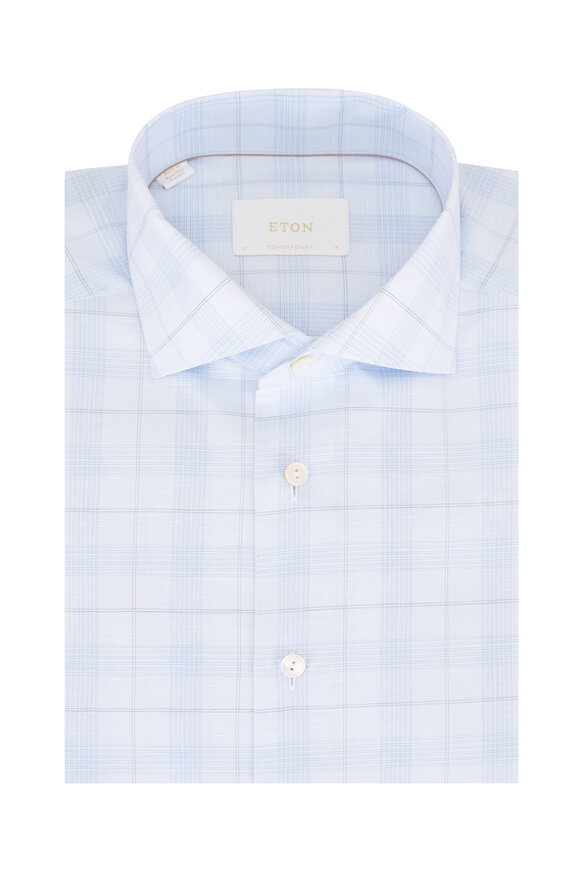Eton Light Blue Plaid Cotton & Linen Dress Shirt