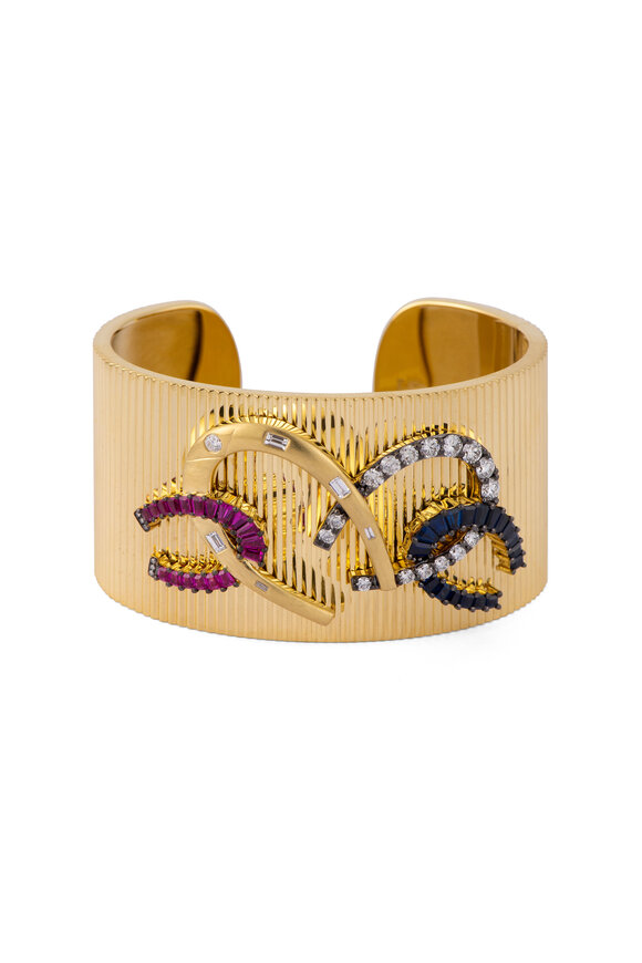 Sylva & Cie 18k Yellow Gold Diamond & Sapphire Horseshoe Cuff - view 1