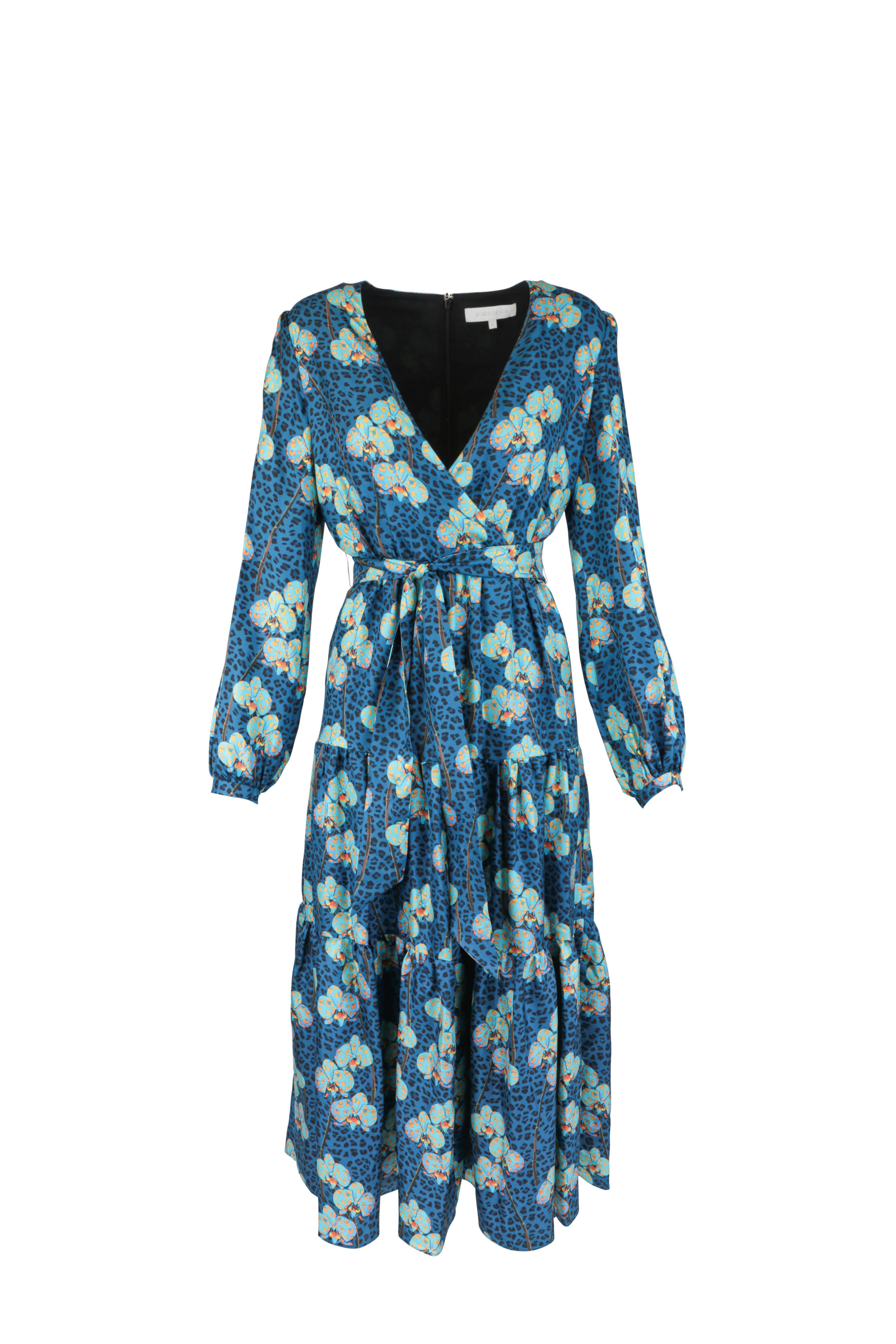 Borgo De Nor - Turquoise Silk Leopard Floral Print Maxi Dress