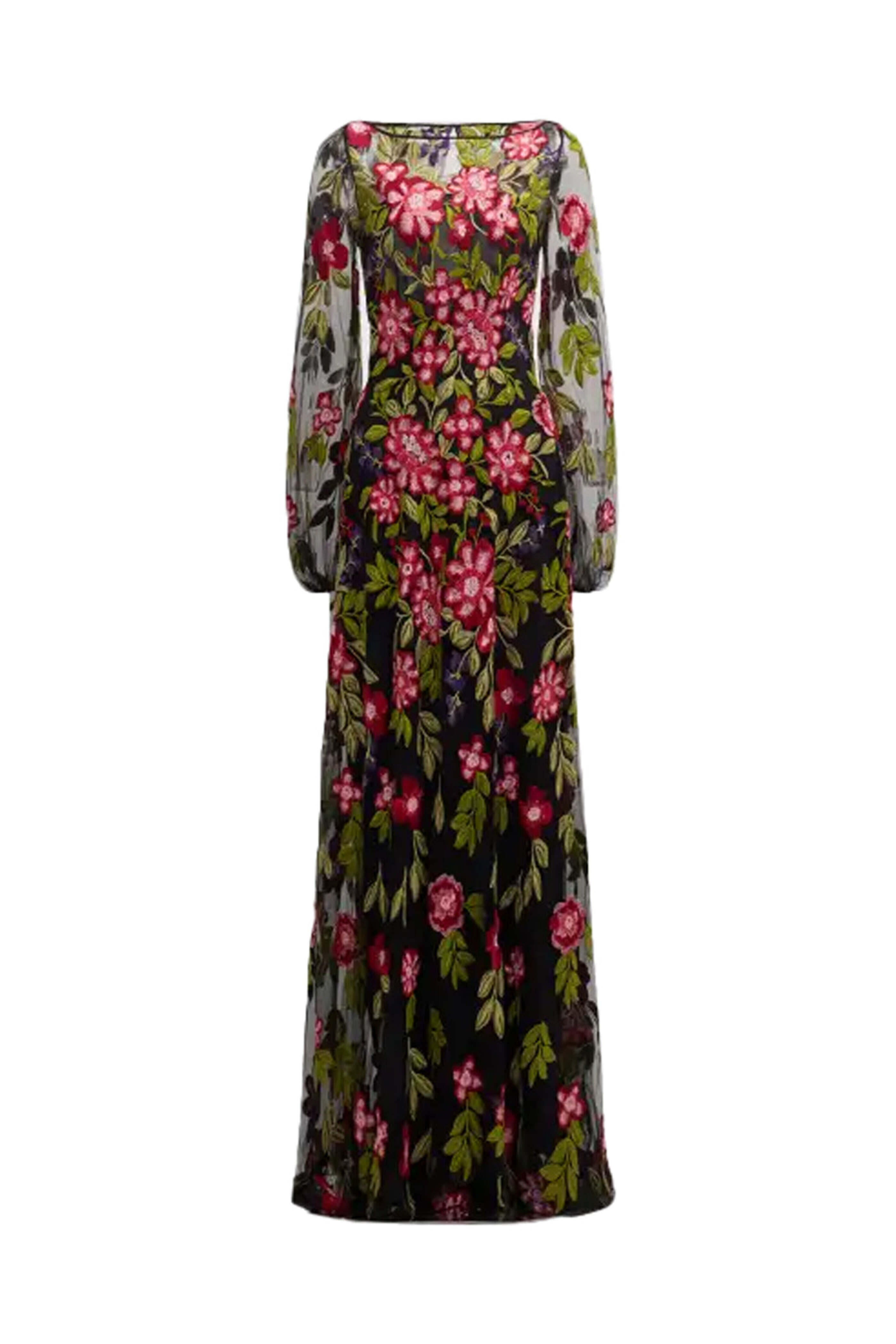 Naeem Khan - Red Floral Embellished Illusion Gown