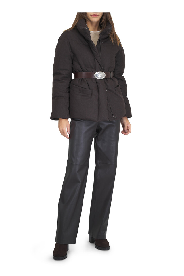 Designer outfit featuring Joplin Peppercorn Suede Ankle Boot, Bond Truffle Stretch Leather Pant and 1 other piece