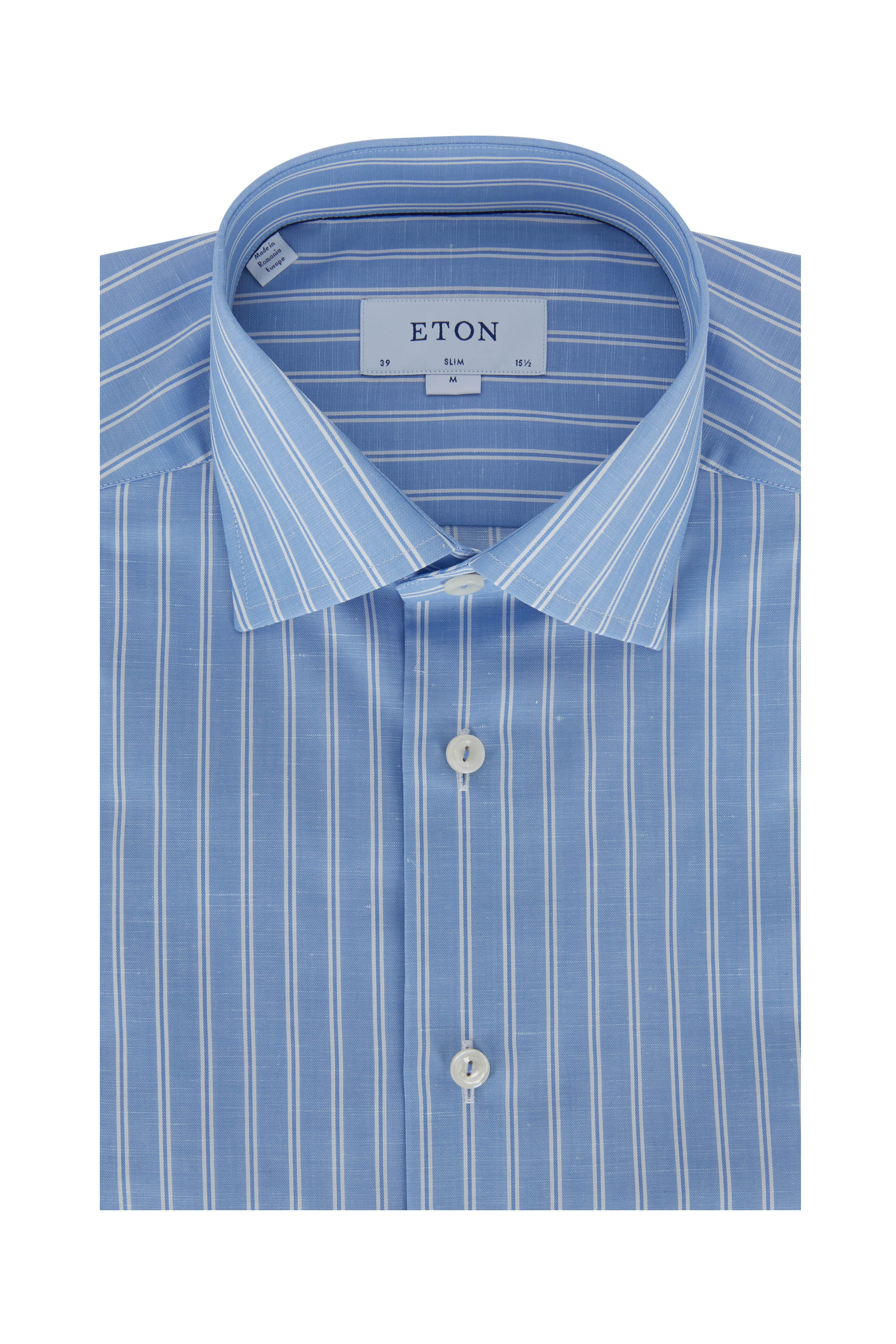 Eton - Blue Striped Cotton & Linen Slim Fit Dress Shirt