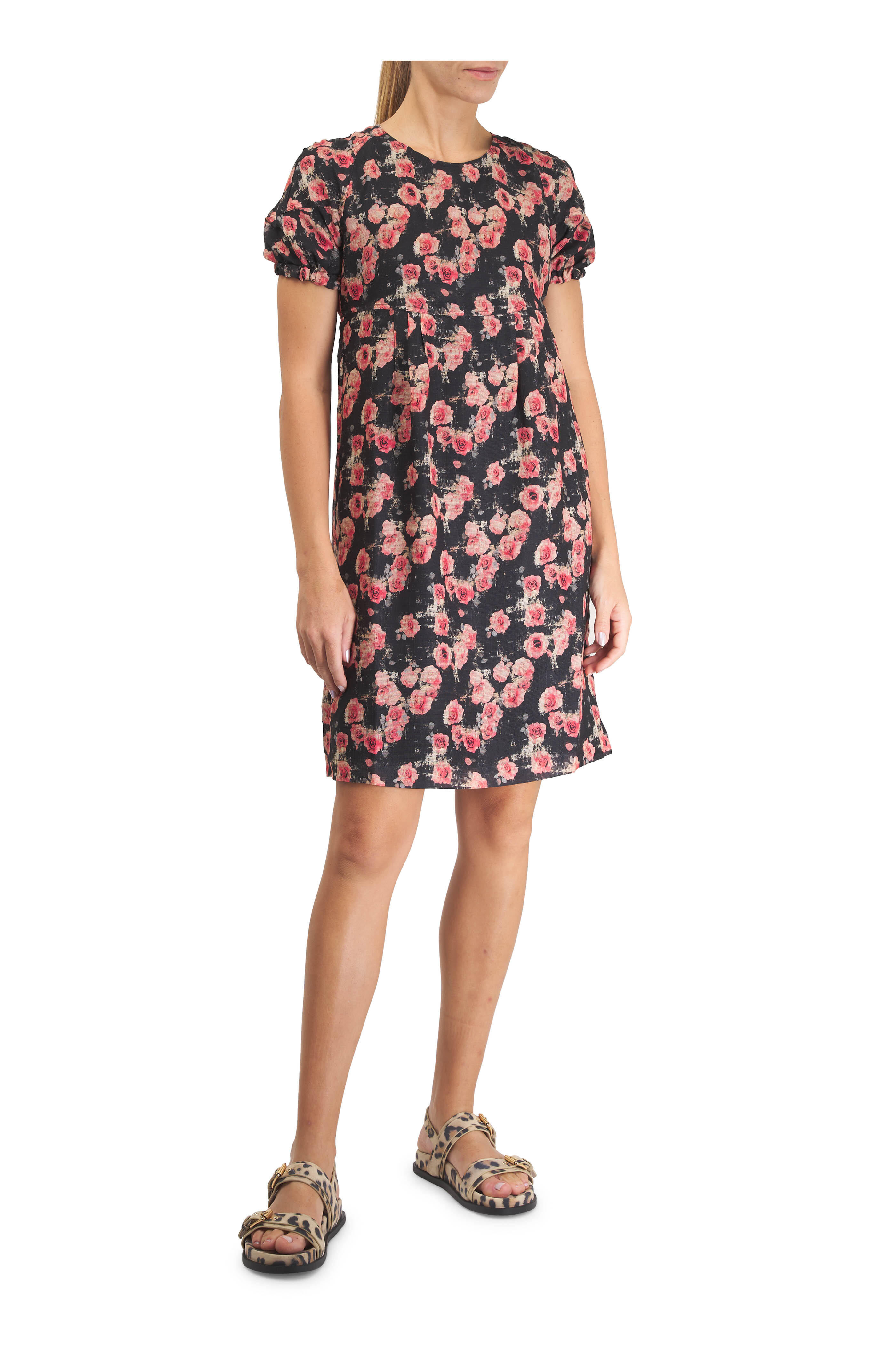 R13 - Black & Red Rose Print Cotton Babydoll Dress