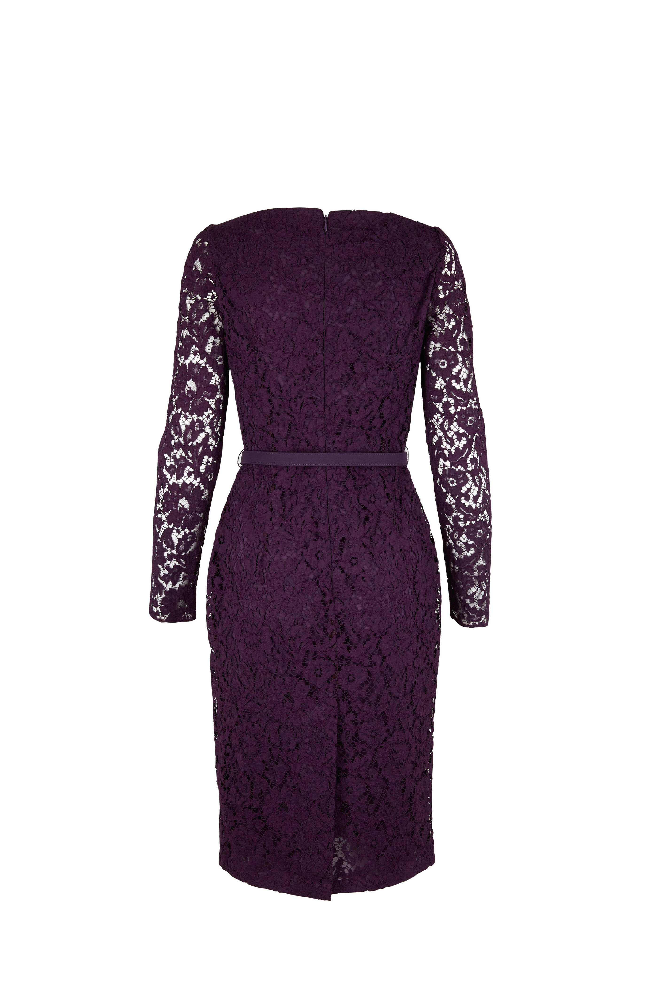 Valentino - Plum Heavy Lace Long Sleeve Belted Dress