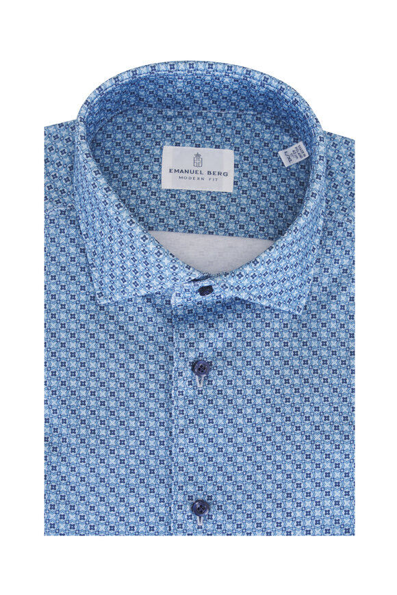 Emanuel Berg Light Blue Medallion Jersey Knit Button Down Shirt
