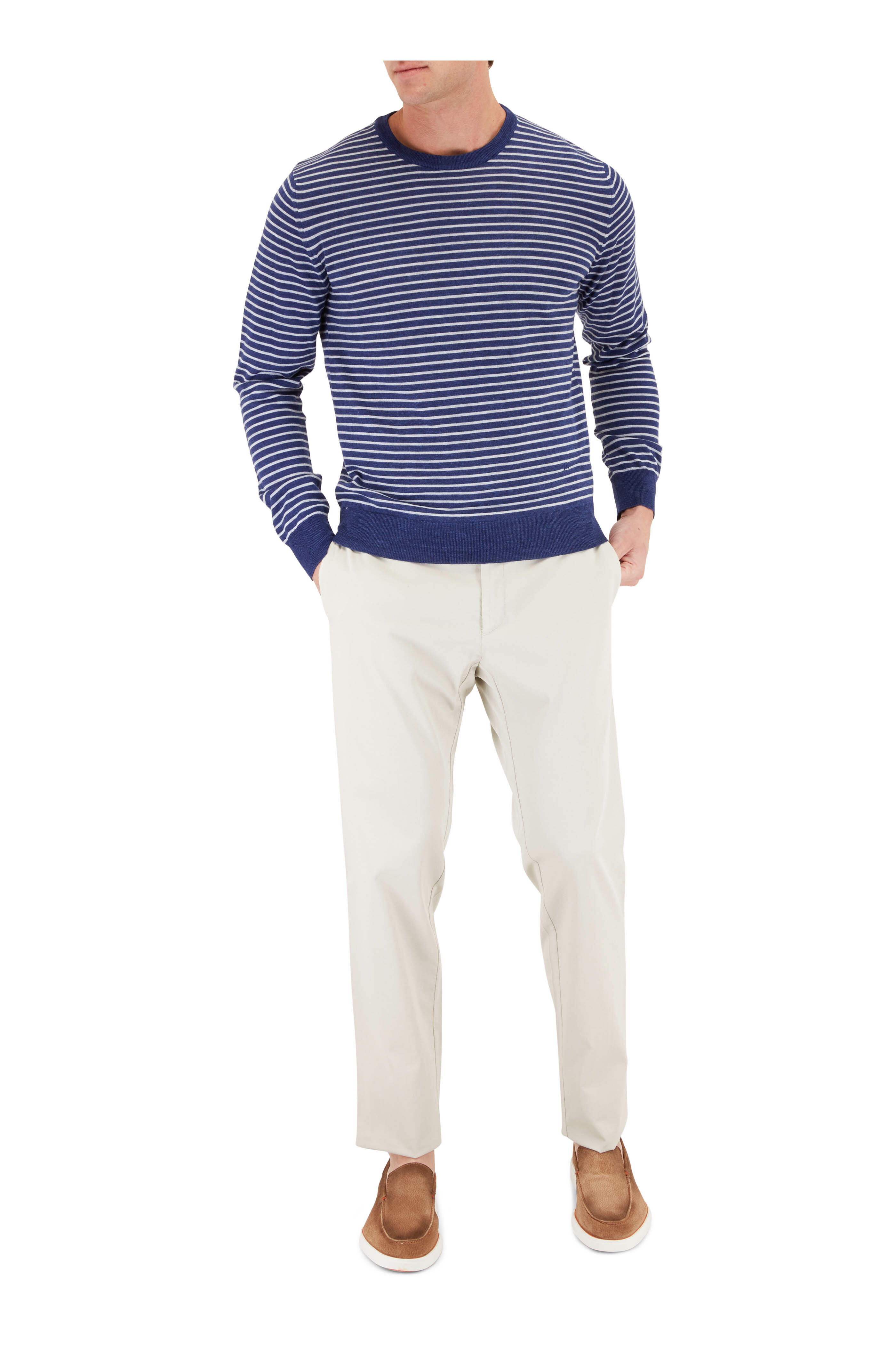 Isaia - Navy Blue & White Stripe Wool Blend Sweater
