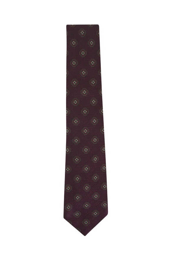 Isaia Burgundy Floral Print Silk Necktie