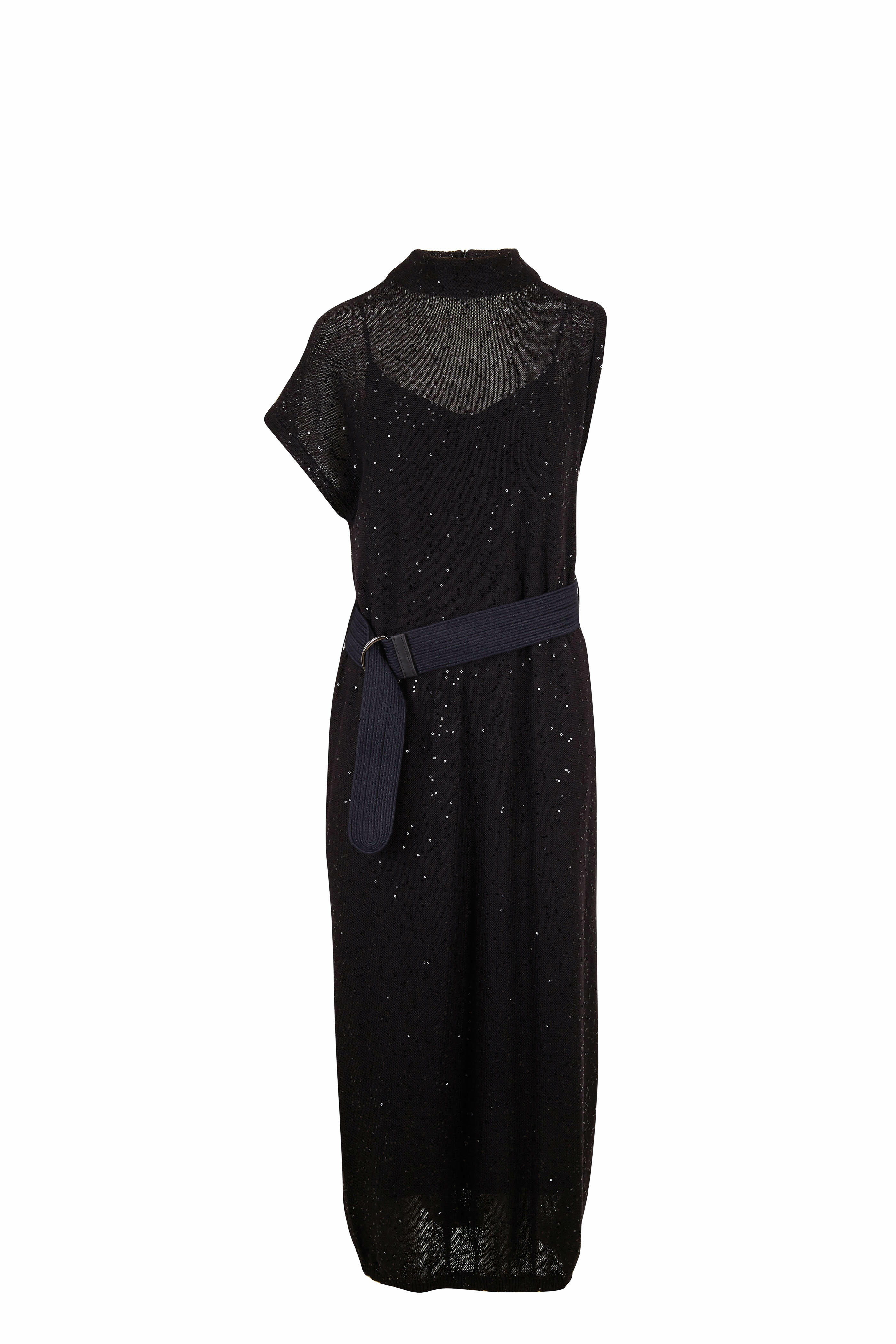 Brunello Cucinelli - Black Linen & Silk Paillette Mockneck Belted Dress