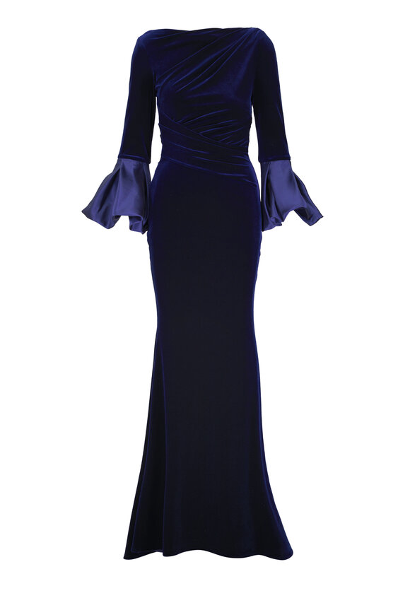 Talbot Runhof Moonlight Blue Velvet Trumpet Sleeve Gown - view 1