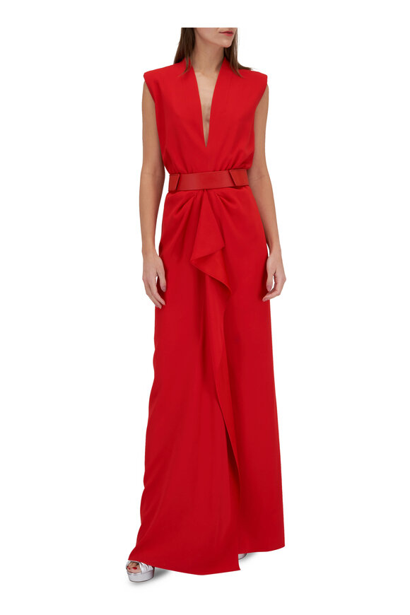 Akris - Red Belted Crepe Ruffle Front Gown