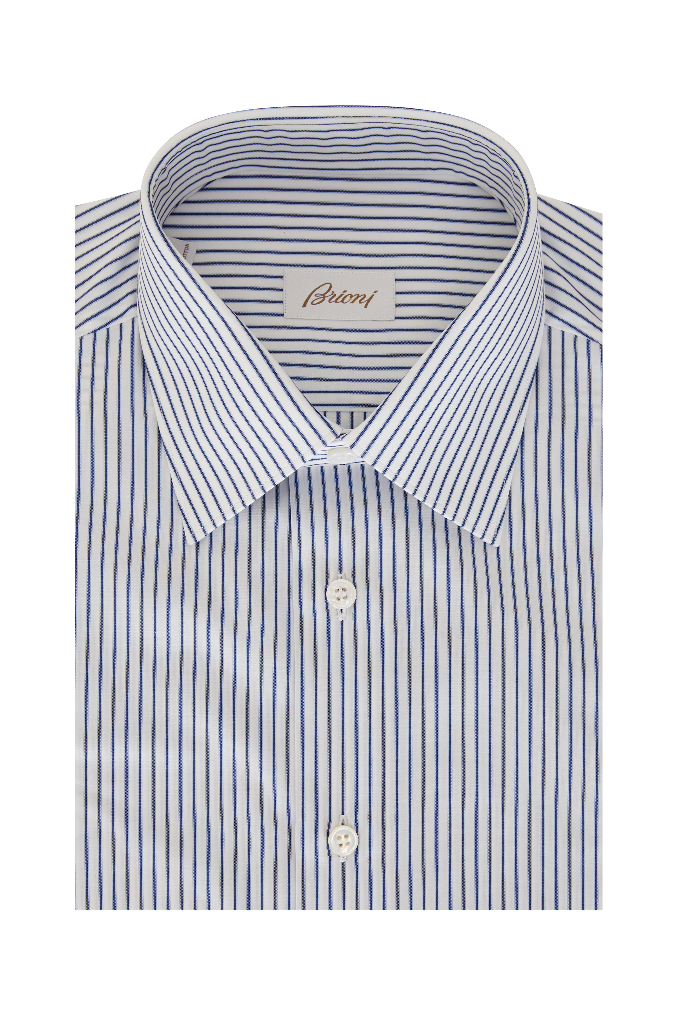 Brioni - Navy Blue Striped Regular Fit Dress Shirt