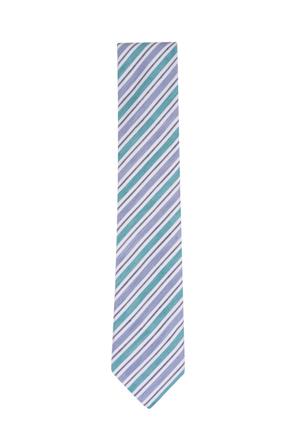 Zegna Light Green Stripe Linen & Silk Necktie - view 1