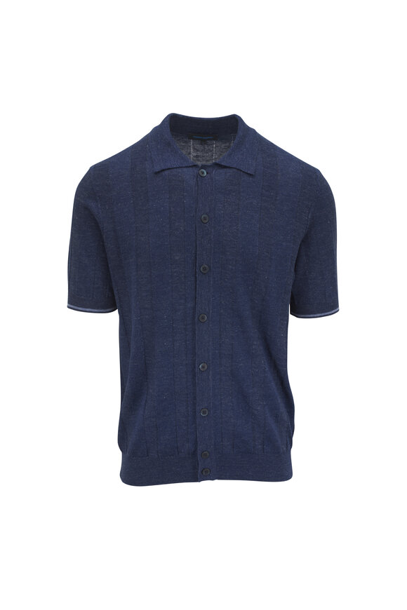 Patrick Assaraf Denim Blue Linen & Cotton Full Button Shirt