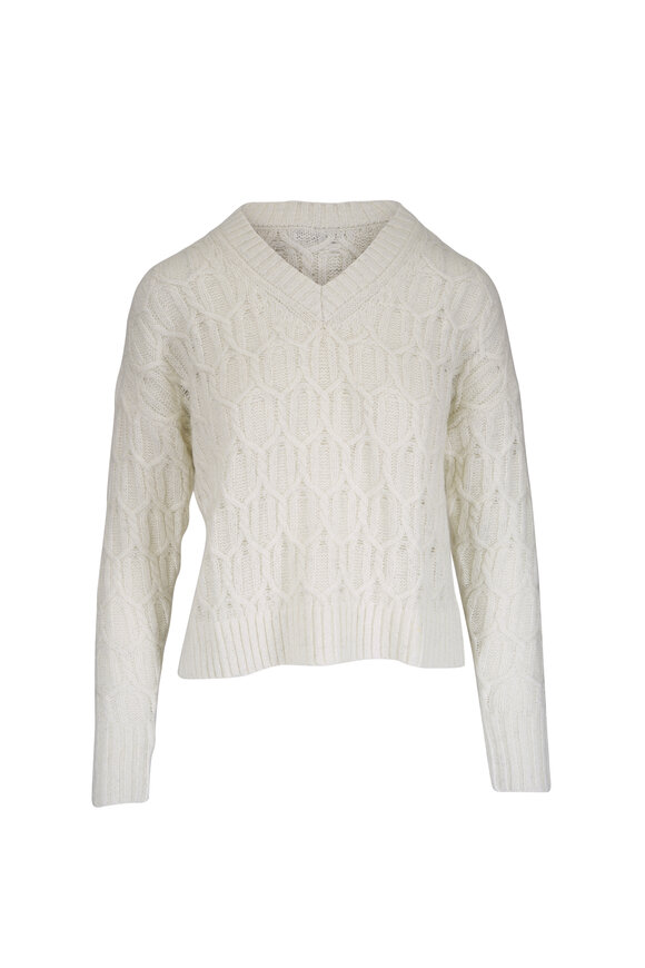 Kinross Lofty Ivory Lurex Cable Knit Sweater
