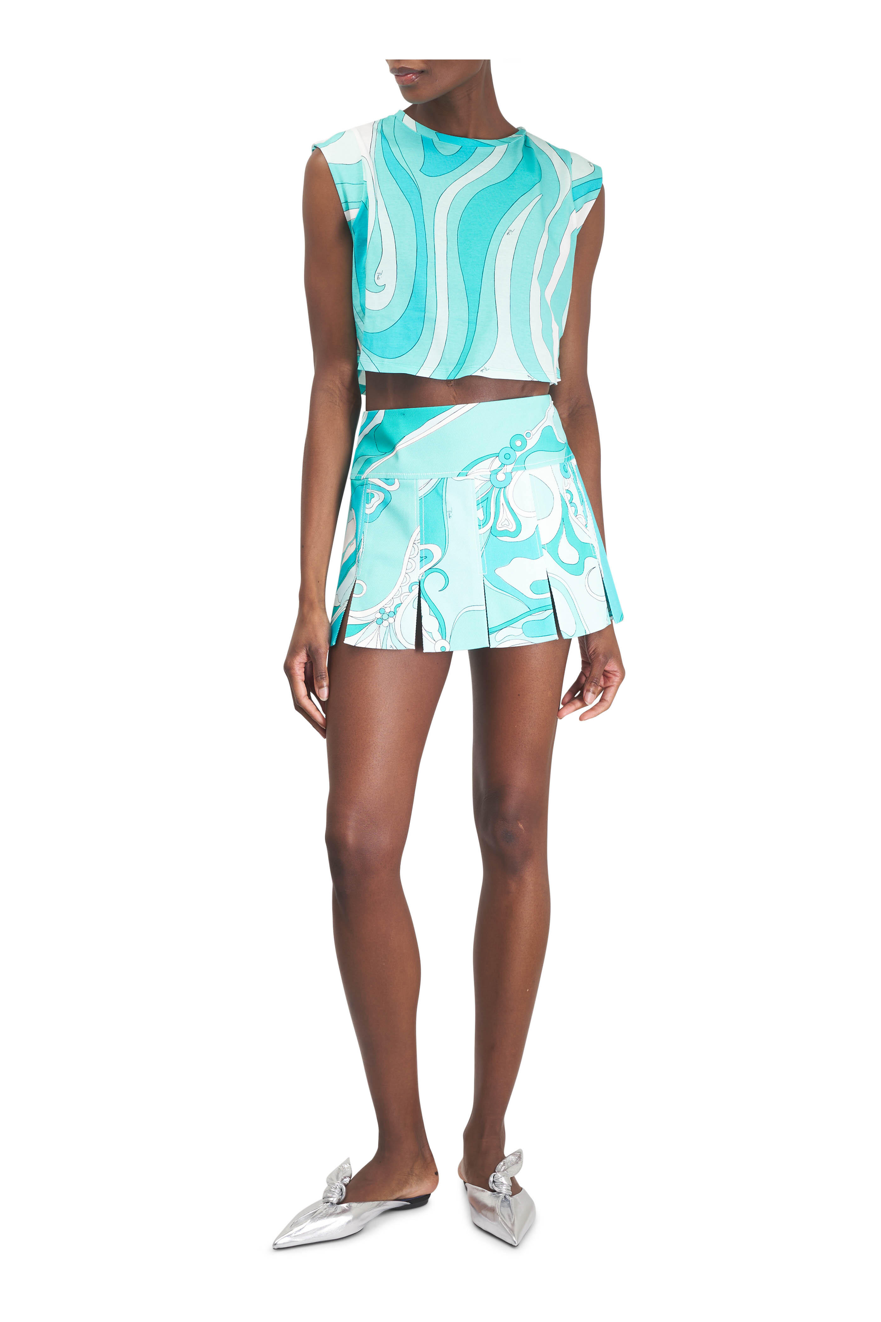 Pucci - Turquoise Sleeveless Jersey Cotton Cropped T-Shirt