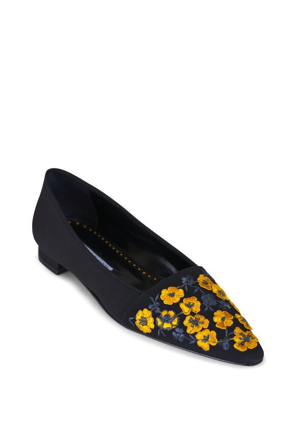 Manolo Blahnik Safiye Black Floral Embroidered Flat