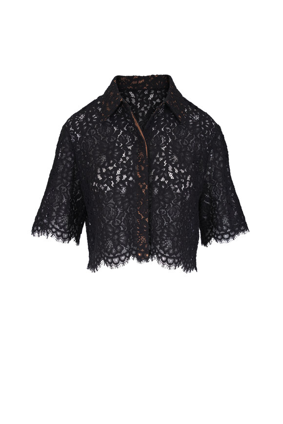 Michael Kors Collection Black Floral Lace Cropped Button Up Shirt - view 1