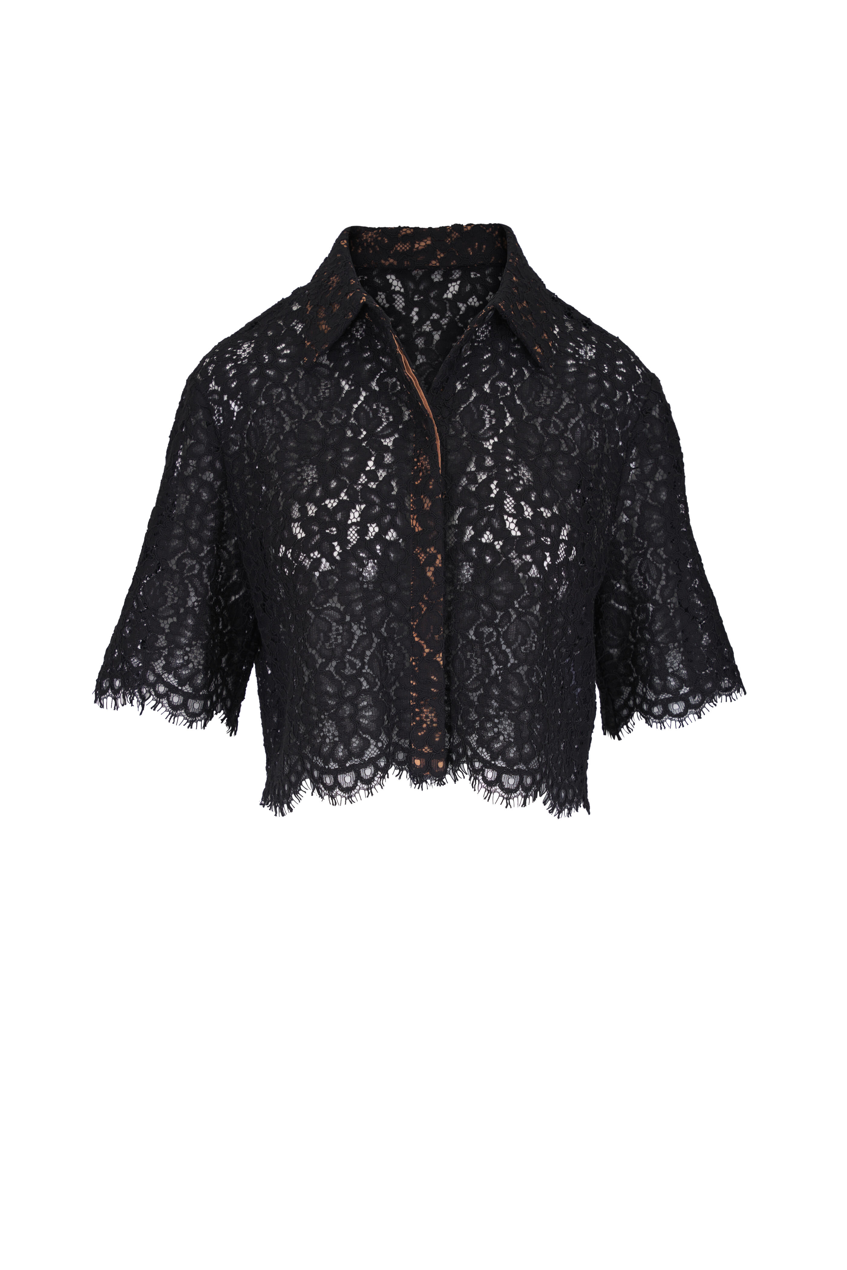 Michael Kors Collection - Black Floral Lace Cropped Button Up Shirt - view 1