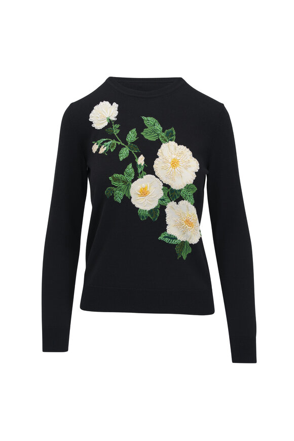 Carolina Herrera Intarsia Black Floral Embroidered Sweater 