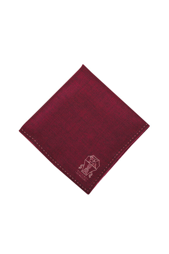 Brunello Cucinelli Red & Brown Logo Silk Pocket Square