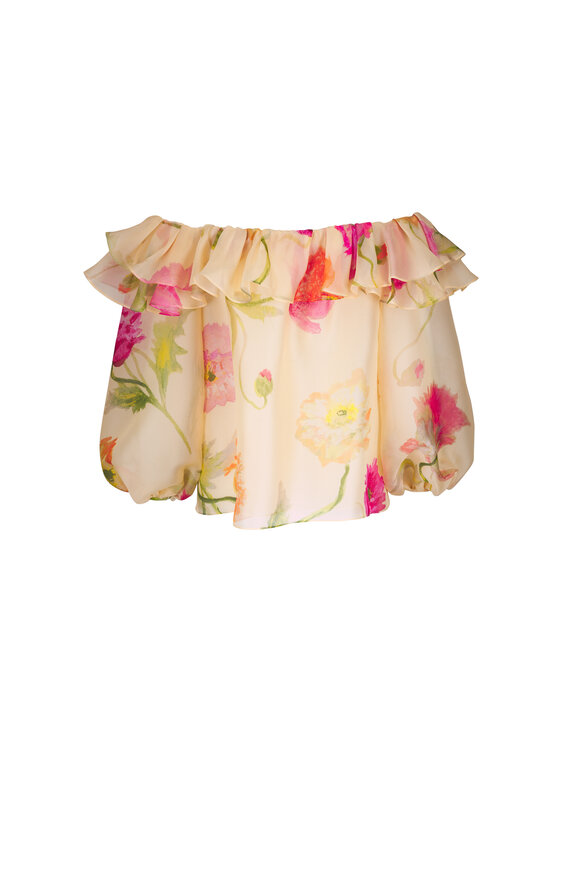Carolina Herrera Almond Multi Poppy Print Organza Puff Sleeve Top - view 5