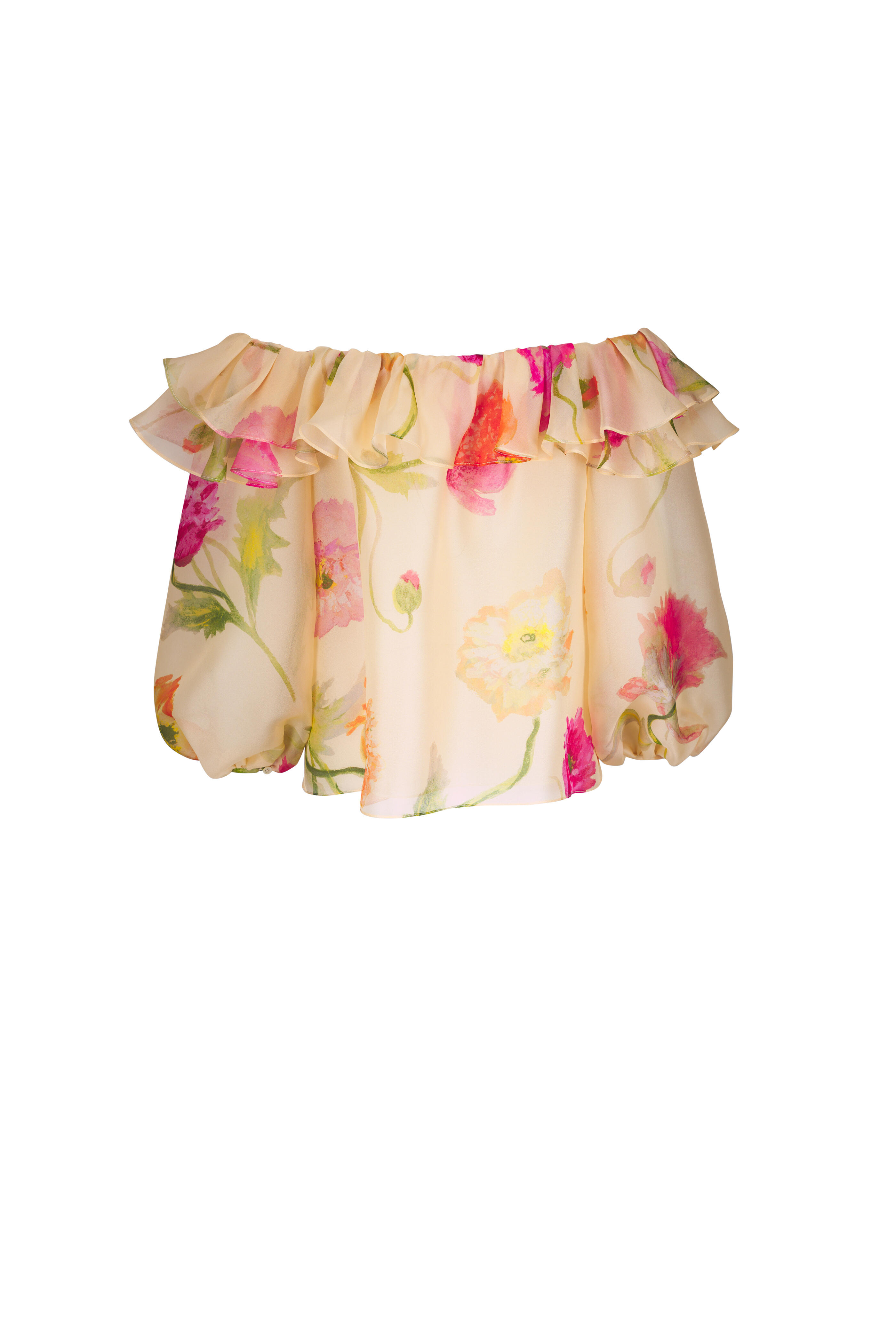 Carolina Herrera - Almond Multi Poppy Print Organza Puff Sleeve Top