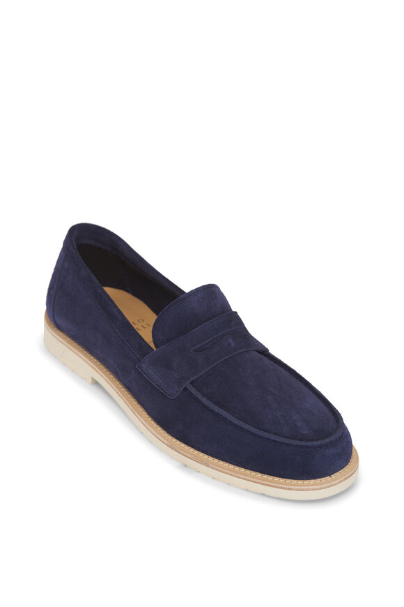 Brunello Cucinelli Navy Blue Suede Penny Loafer