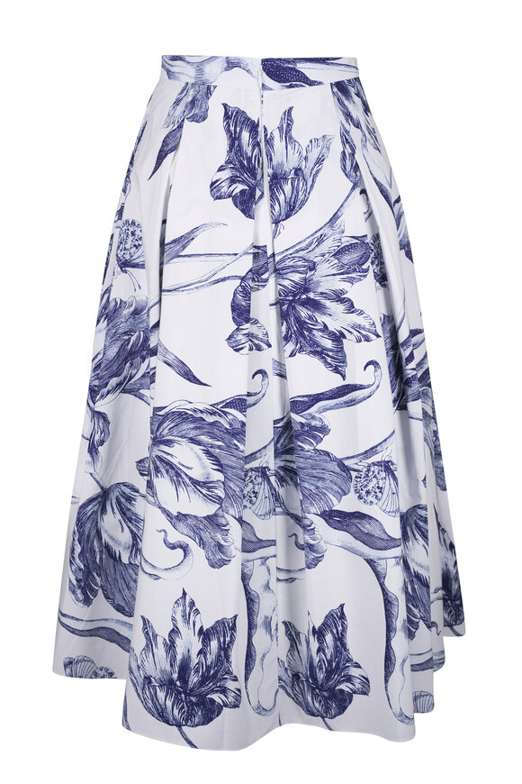 Erdem Blue Floral Print Cotton Poplin Pleated Midi Skirt - view 5