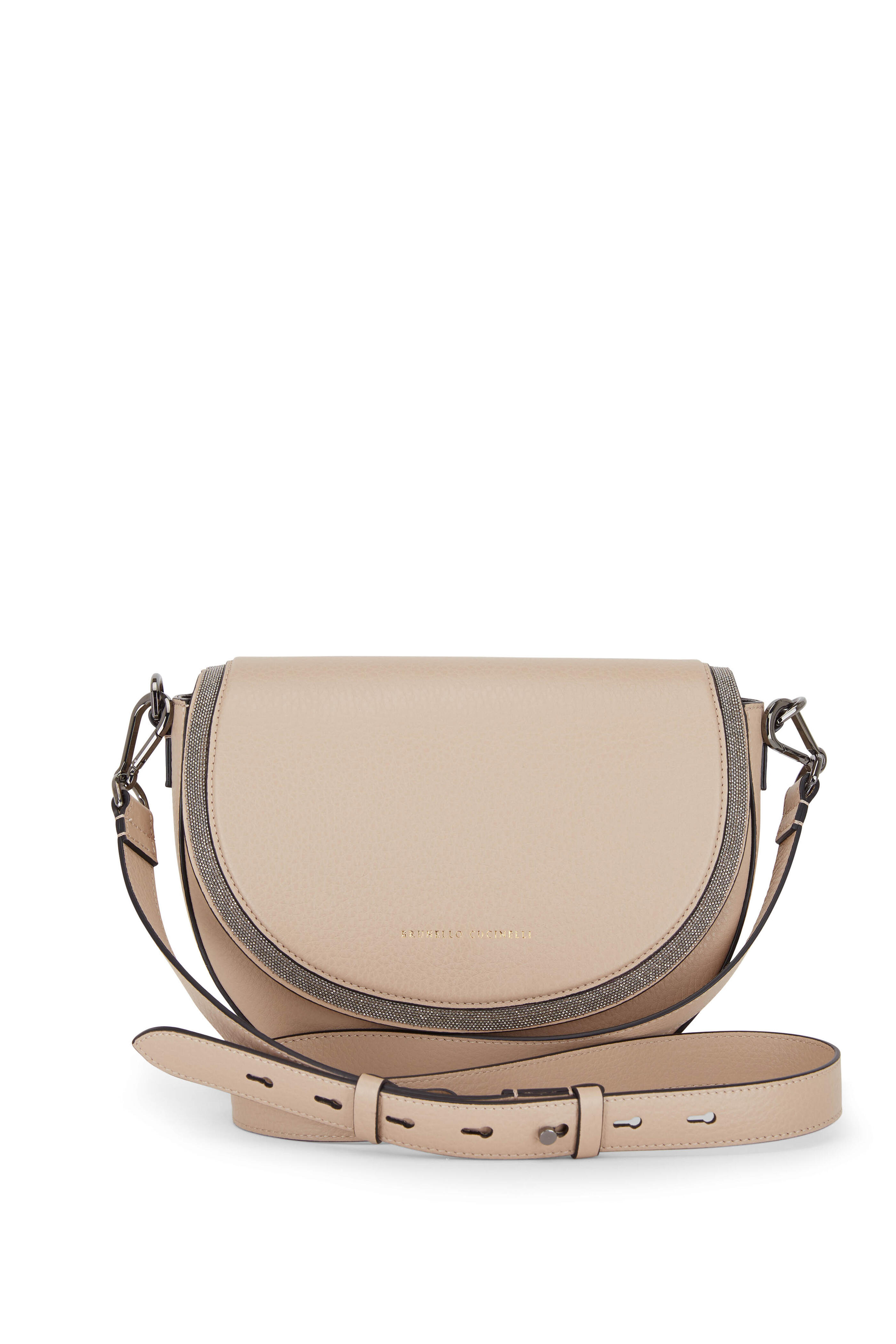 Brunello Cucinelli - Beige Pebbled Leather Half Moon Monili Trim Bag