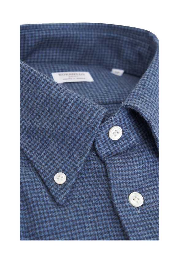 Borriello - Blue Houndstooth Flannel Cotton Dress Shirt