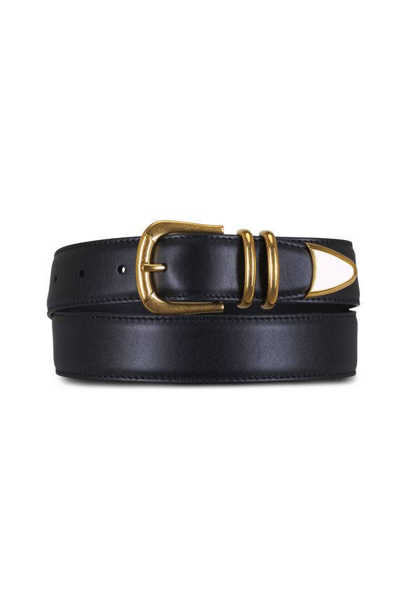 Kim White - Classic Black Leather Silver Oval Buckle Belt