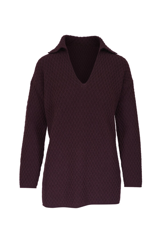 Agnona Honeycomb Knit Brown V-Neck Sweater 