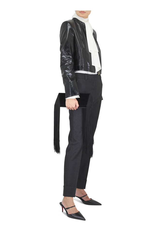 Designer outfit featuring Small Anouk Black Fringe Chain Clutch, Maxima Charcoal Gray Cuffed Wool Pant and 3 other pieces