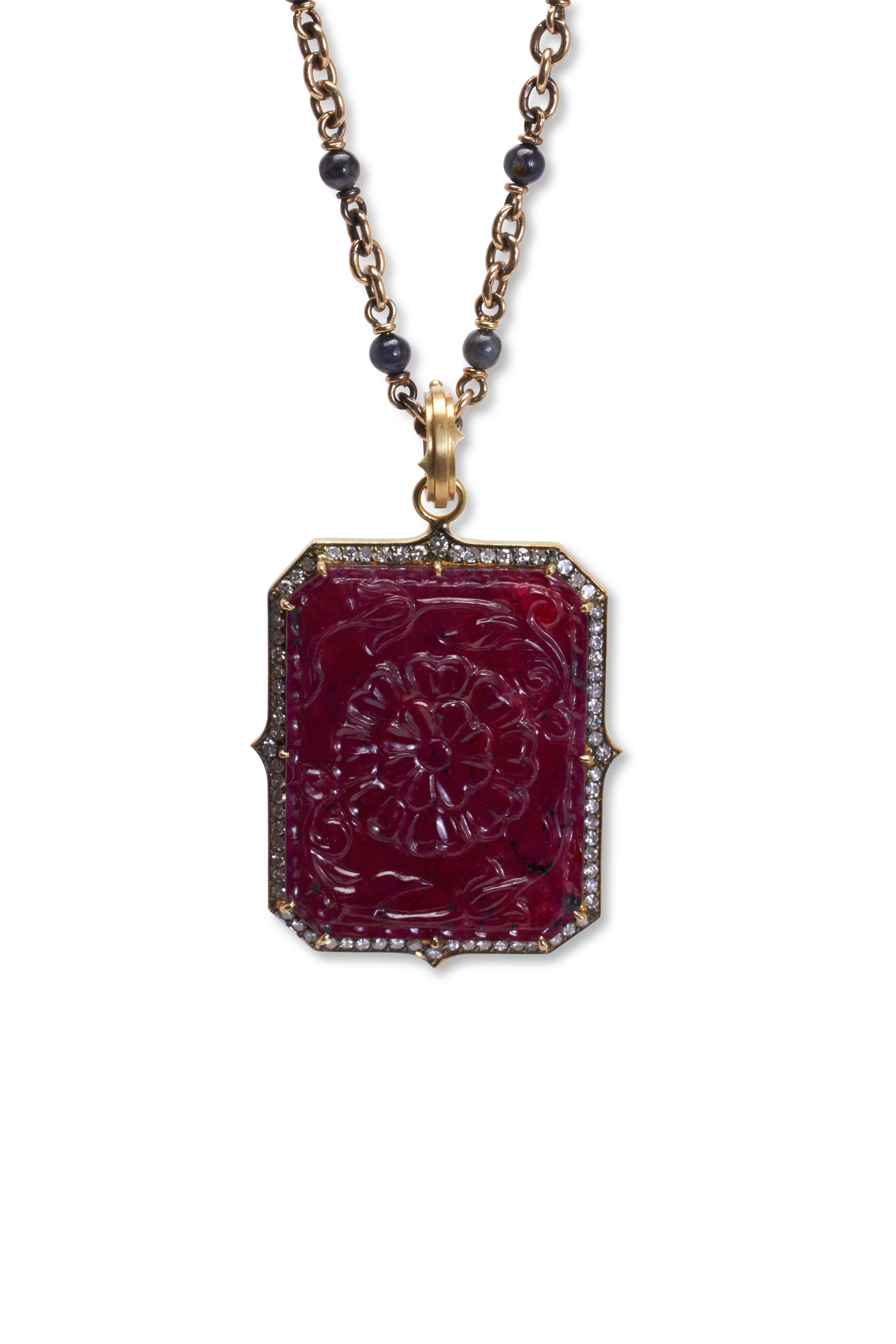 Sylva & Cie - Yellow Gold Hand Carved Ruby Diamond Pendant