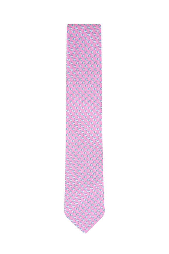 Ferragamo Light Pink & Blue Skiing Bear Print Silk Necktie