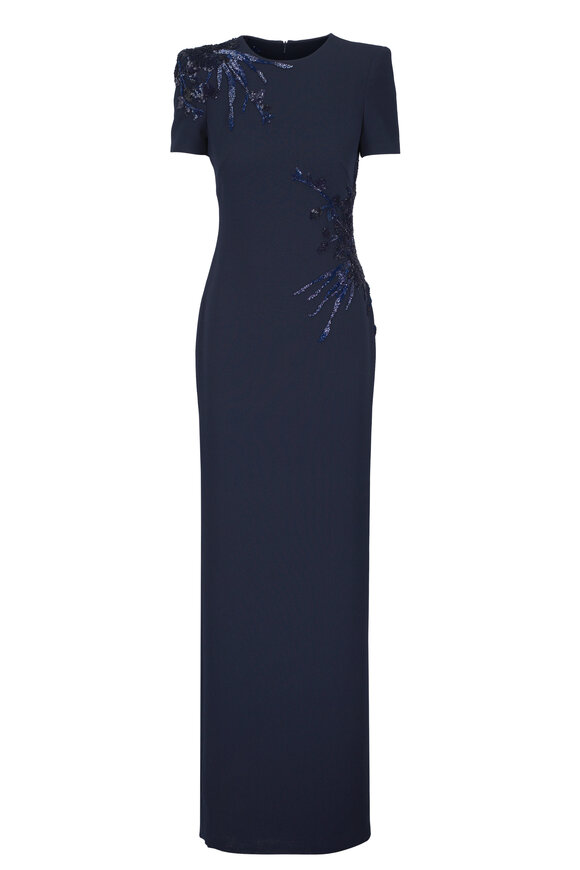 Naeem Khan Navy Hand Beaded Crepe Gown - view 1